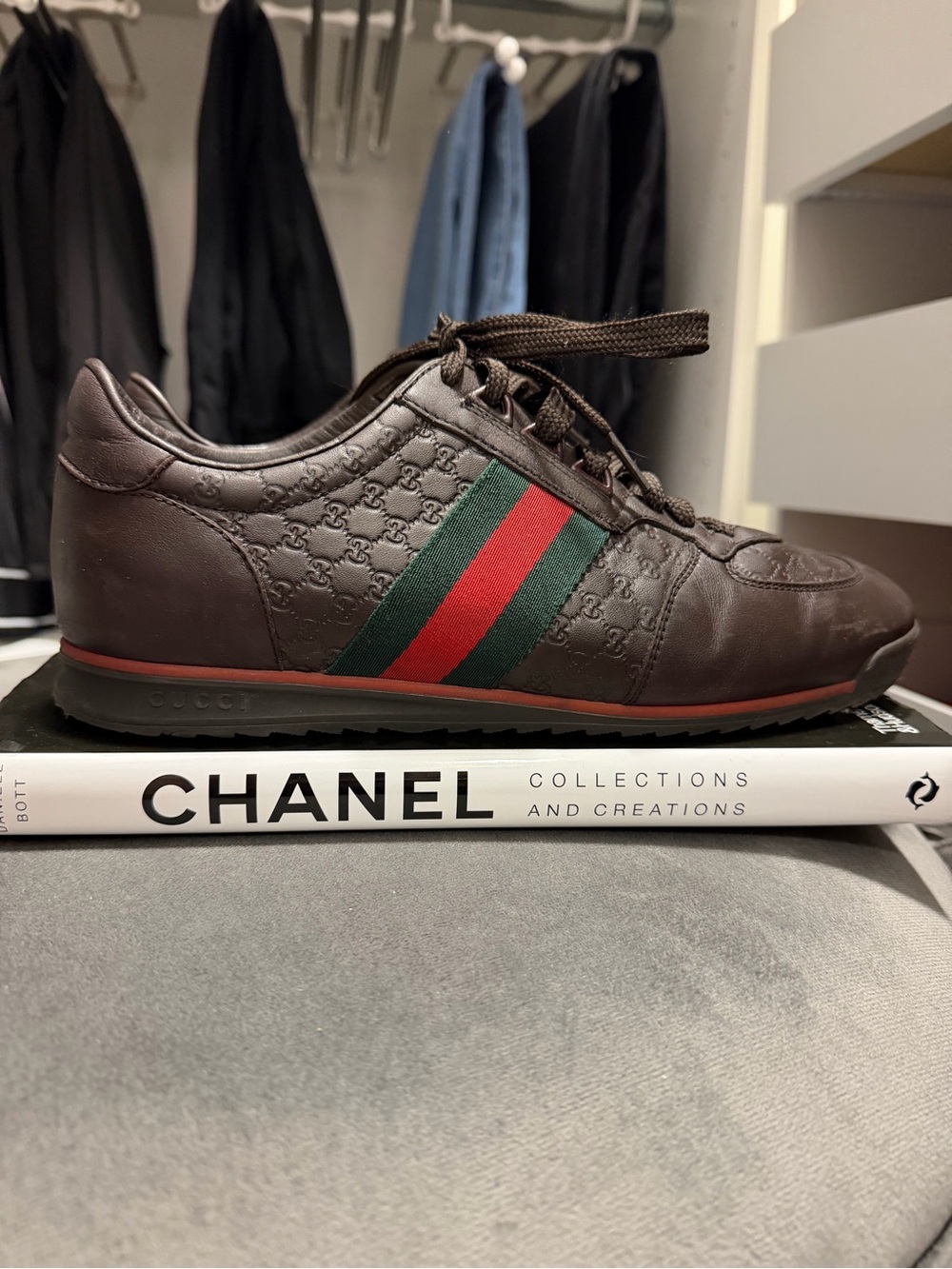 Gucci Brown Leather Sneaker with Green & Red Web Stripe